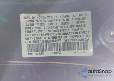 2016 Honda Civic Ex-L из США, поврежденный, VIN 19XFC1F78GE007257